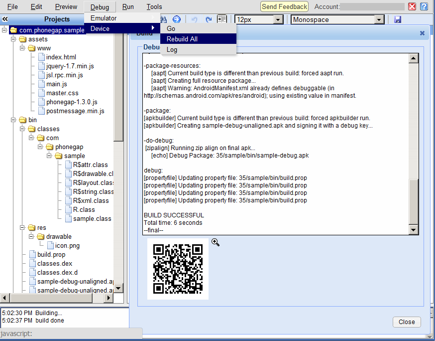 Debug app build