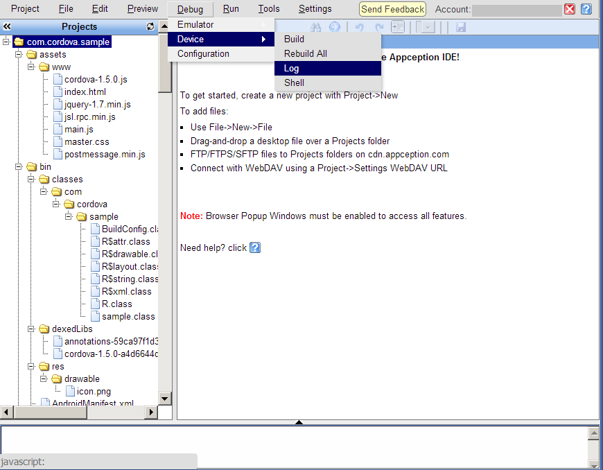 Appception IDE device log