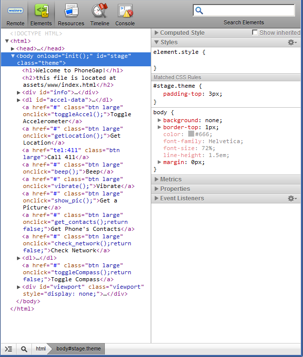 Debugging an App with weinre
