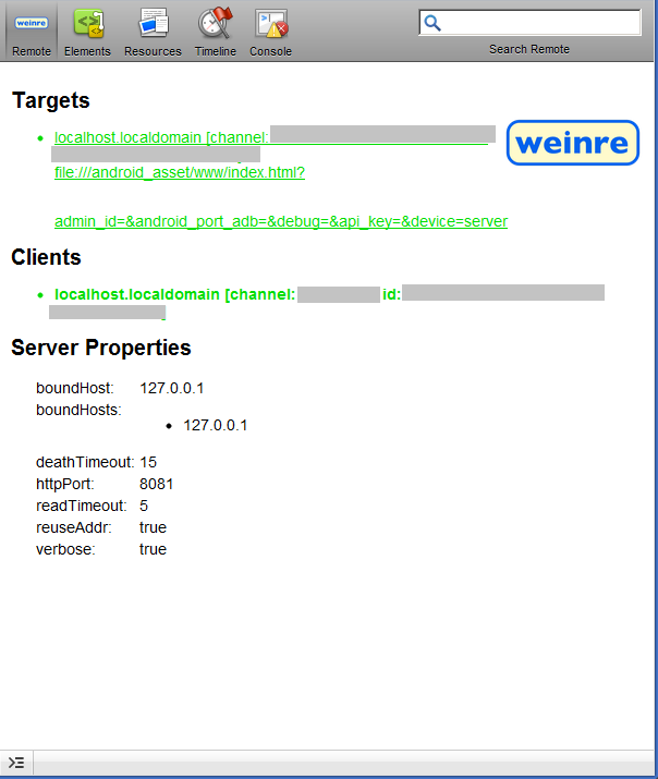 Appception IDE weinre inspector window